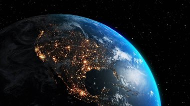Gerçekçi coğrafya yüzeyi ve yörüngesel 3D bulut atmosferi olan Dünya gezegeni. Kıtaların dünya küresinin dış uzay görüşü. 3 boyutlu görüntüleme. Bu görüntünün elementleri NASA tarafından desteklenmektedir .