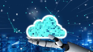 Gelecekçi robot yapay zeka devrimci yapay zeka teknoloji geliştirme ve makine öğrenme kavramı. İnsan hayatının geleceği için küresel robot biyonik bilim araştırması. 3B görüntüleme grafiği.