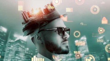 Gelecekteki bina inşaatı ve HUD hologram grafik tasarımı ile yaratıcı mühendislik projesi konsepti. İnşaat mühendisi, mimar ya da inşaat işçisi modern sivil teknoloji ile çalışıyor..