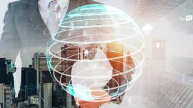 Gelecekteki bina inşaatı ve HUD hologram grafik tasarımı ile yaratıcı mühendislik projesi konsepti. İnşaat mühendisi, mimar ya da inşaat işçisi modern sivil teknoloji ile çalışıyor..