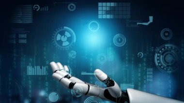 Gelecekçi robot yapay zeka devrimci yapay zeka teknoloji geliştirme ve makine öğrenme kavramı. İnsan hayatının geleceği için küresel robot biyonik bilim araştırması. 3B görüntüleme grafiği.