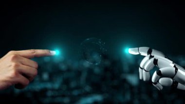 Gelecekçi robot yapay zeka yapay zeka yapay zekayı aydınlatıyor ve makine öğrenme kavramını geliştiriyor. İnsan hayatının geleceği için küresel robot biyonik bilim araştırması. 3B görüntüleme grafiği.