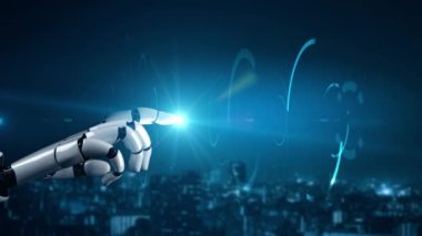 Gelecekçi robot yapay zeka yapay zeka yapay zekayı aydınlatıyor ve makine öğrenme kavramını geliştiriyor. İnsan hayatının geleceği için küresel robotik blok zincir bilimi araştırması. 3B görüntüleme grafiği