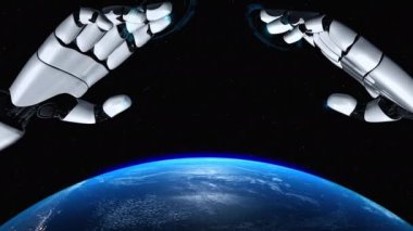 Gelecekçi robot yapay zeka yapay zeka yapay zekayı aydınlatıyor ve makine öğrenme kavramını geliştiriyor. İnsan hayatının geleceği için küresel robotik blok zincir bilimi araştırması. 3B görüntüleme grafiği