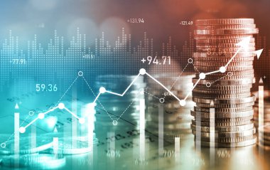 Finans ve para teknolojisi iş refahı ve varlık yönetimi kavramı. Yaratıcı grafik, refah karı elde etmek için değerli varlıklara yatırım yaparak ekonomi ve mali büyümeyi gösteriyor .