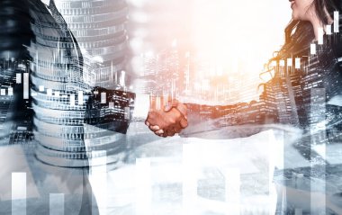 Ekonomik refah ve para teknolojisinin varlık geçmişi üzerine iş tokalaşması. Değerli borsaya yatırım yaparak ekonomik ve finansal büyüme ile refah kar birimi ticareti elde edilir