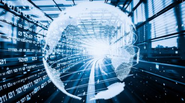 Fütürist küresel ağ ve dijital veri transferi 3D grafik. Yeni bilgi çağındaki küresel eğilimleri değiştiren akıllı dijital dönüşüm ve teknoloji bozulması kavramı .