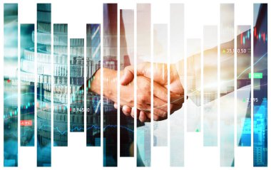 Ekonomik refah ve para teknolojisinin varlık geçmişi üzerine iş tokalaşması. Değerli borsaya yatırım yaparak ekonomik ve finansal büyüme ile refah kar birimi ticareti elde edilir