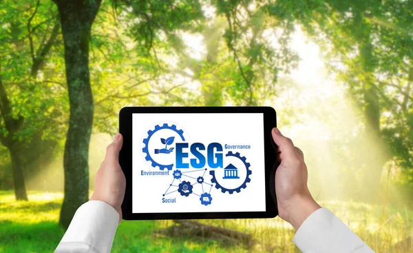 Green business transformation for environment saving and ESG business concept. Businessman using tablet to set corporate goal toward environmental friendly management and alternative clean energy use.