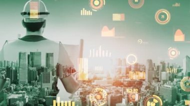 Gelecekteki bina inşaatı ve HUD hologram grafik tasarımı ile yaratıcı mühendislik projesi konsepti. İnşaat mühendisi, mimar ya da inşaat işçisi modern sivil teknoloji ile çalışıyor..