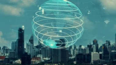 Akıllı şehirde küresel bağlantı ve internet ağı değişikliği. Gelecekteki kablosuz dijital bağlantı ve sosyal medya ağı kavramı .