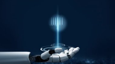 Gelecekçi robot yapay zeka devrimci yapay zeka teknoloji geliştirme ve makine öğrenme kavramı. İnsan hayatının geleceği için küresel robot biyonik bilim araştırması. 3B görüntüleme grafiği.