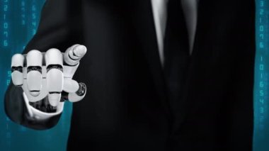 Gelecekçi robot yapay zeka devrimci yapay zeka teknoloji geliştirme ve makine öğrenme kavramı. İnsan hayatının geleceği için küresel robot biyonik bilim araştırması. 3B görüntüleme grafiği.