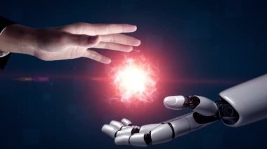 Gelecekçi robot yapay zeka yapay zeka yapay zekayı aydınlatıyor ve makine öğrenme kavramını geliştiriyor. İnsan hayatının geleceği için küresel robotik blok zincir bilimi araştırması. 3B görüntüleme grafiği