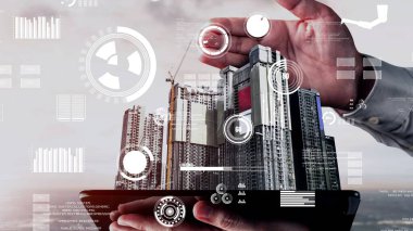 Yenilikçi mimari ve yaratıcı inşaat mühendisliği inşaat projesi. Mimar, işçi ve mühendis tarafından yapılan yaratıcı grafik tasarımı altyapı şehir binası kavramını gösteriyor.