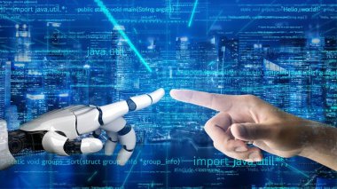 Gelecekçi robot yapay zeka devrimci yapay zeka teknoloji geliştirme ve makine öğrenme kavramı. İnsan hayatının geleceği için küresel robot biyonik bilim araştırması. 3B görüntüleme grafiği.
