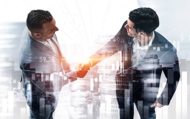 Ekonomik refah ve para teknolojisinin varlık geçmişi üzerine iş tokalaşması. Değerli borsaya yatırım yaparak ekonomik ve finansal büyüme ile refah kar birimi ticareti elde edilir