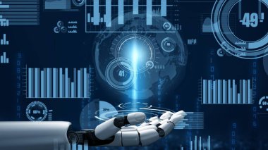 Gelecekçi robot yapay zeka devrimci yapay zeka teknoloji geliştirme ve makine öğrenme kavramı. İnsan hayatının geleceği için küresel robot biyonik bilim araştırması. 3B görüntüleme grafiği.