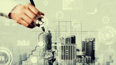 Şehir sivil planlama ve yaratıcı gayrimenkul geliştirme. Yaratıcı şehir binası tasarlamak için soyut şehir çizimine bakan mimar insanlar. Mimarlık hayali ve hırs konsepti.