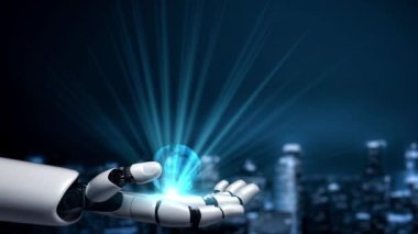 Gelecekçi robot yapay zeka yapay zeka yapay zekayı aydınlatıyor ve makine öğrenme kavramını geliştiriyor. İnsan hayatının geleceği için küresel robotik blok zincir bilimi araştırması. 3B görüntüleme grafiği