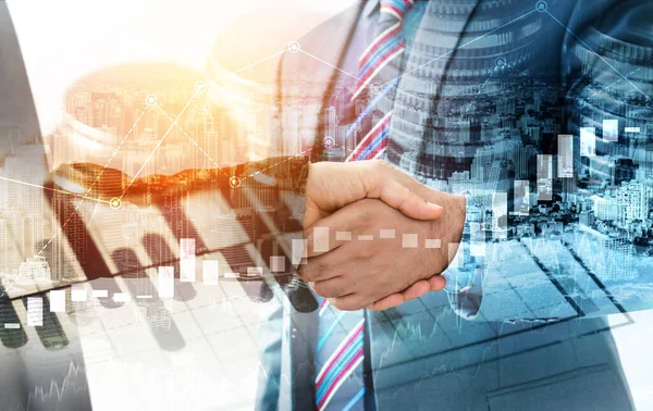 Business Handshake Financiële Welvaart Geld Technologie Activa Achtergrond Economie Financiële — Stockfoto