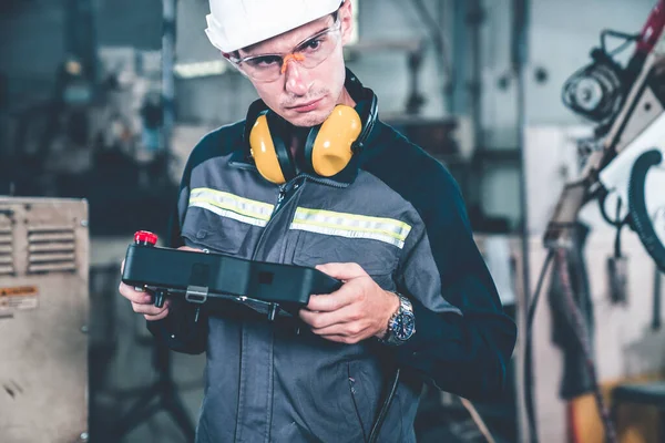 Young Factory Worker Working Adept Robotic Arm Workshop Industry Robot — Stock Photo, Image