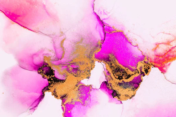 Pink gold abstract background of marble liquid ink art painting on paper . Image of original artwork watercolor alcohol ink paint on high quality paper texture .