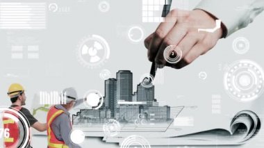 Şehir sivil planlama ve yaratıcı gayrimenkul geliştirme. Yaratıcı şehir binası tasarlamak için soyut şehir çizimine bakan mimar insanlar. Mimarlık hayali ve hırs konsepti.