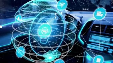 Yeni şehir yolunda gelecek araba trafiği için akıllı ulaşım teknolojisi kavramı. Sanal akıllı sistem, şehir sokaklarındaki araç verilerini birbirine bağlamak için dijital bilgi analizi yapıyor .