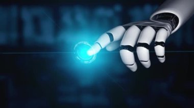 Gelecekçi robot yapay zeka yapay zeka yapay zekayı aydınlatıyor ve makine öğrenme kavramını geliştiriyor. İnsan hayatının geleceği için küresel robotik blok zincir bilimi araştırması. 3B görüntüleme grafiği