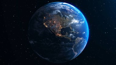 Gerçekçi coğrafya yüzeyi ve yörüngesel 3D bulut atmosferi olan Dünya gezegeni. Kıtaların dünya küresinin dış uzay görüşü. 3 boyutlu görüntüleme. Bu görüntünün elementleri NASA tarafından desteklenmektedir .