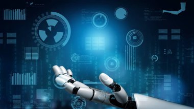 Gelecekçi robot yapay zeka devrimci yapay zeka teknoloji geliştirme ve makine öğrenme kavramı. İnsan hayatının geleceği için küresel robot biyonik bilim araştırması. 3B görüntüleme grafiği.