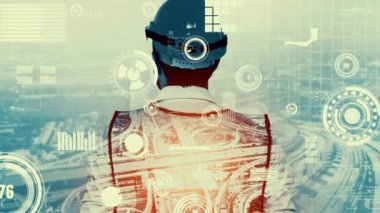Gelecekteki bina inşaatı ve HUD hologram grafik tasarımı ile yaratıcı mühendislik projesi konsepti. İnşaat mühendisi, mimar ya da inşaat işçisi modern sivil teknoloji ile çalışıyor..