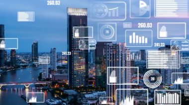 İş verileri analitik arayüzü akıllı şehrin üzerinde uçuyor ve iş zekasının geleceğini değiştiriyor. Stratejik plan için büyük verileri analiz etmek için bilgisayar yazılımı ve yapay zeka kullanılır .