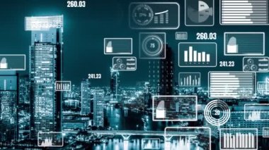 İş verileri analitik arayüzü akıllı şehrin üzerinde uçuyor ve iş zekasının geleceğini değiştiriyor. Stratejik plan için büyük verileri analiz etmek için bilgisayar yazılımı ve yapay zeka kullanılır .