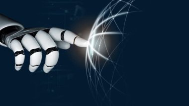 Gelecekçi robot yapay zeka devrimci yapay zeka teknoloji geliştirme ve makine öğrenme kavramı. İnsan hayatının geleceği için küresel robot biyonik bilim araştırması. 3B görüntüleme grafiği.