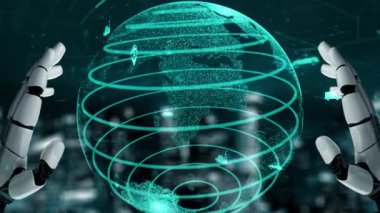 Gelecekçi robot yapay zeka yapay zeka yapay zekayı aydınlatıyor ve makine öğrenme kavramını geliştiriyor. İnsan hayatının geleceği için küresel robot biyonik bilim araştırması. 3B görüntüleme grafiği.