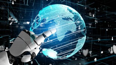 Gelecekçi robot yapay zeka devrimci yapay zeka teknoloji geliştirme ve makine öğrenme kavramı. İnsan hayatının geleceği için küresel robot biyonik bilim araştırması. 3B görüntüleme grafiği.