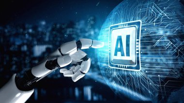 Gelecekçi robot yapay zeka yapay zeka yapay zekayı aydınlatıyor ve makine öğrenme kavramını geliştiriyor. İnsan hayatının geleceği için küresel robot biyonik bilim araştırması. 3B görüntüleme grafiği.