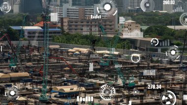 Otomasyon konseptini ve uzaktan kablosuz makine kontrolünü gösteren bir bilgisayar yazılımında fütüristik HUD kullanarak inşaat teknolojisi konsepti üzerinde değişiklik grafiği içeren konsept .