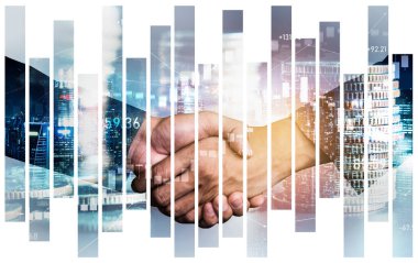 Ekonomik refah ve para teknolojisinin varlık geçmişi üzerine iş tokalaşması. Değerli borsaya yatırım yaparak ekonomik ve finansal büyüme ile refah kar birimi ticareti elde edilir