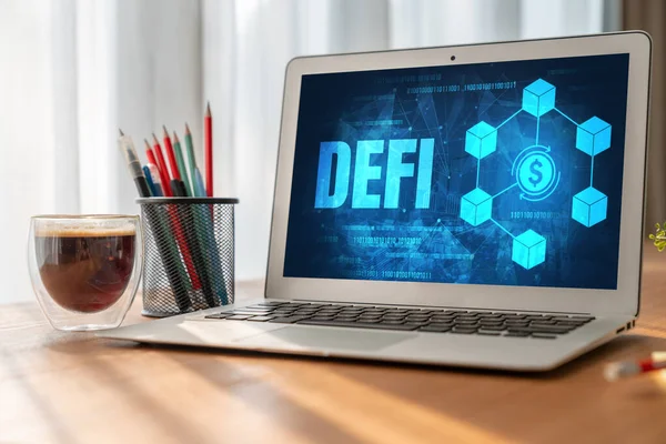 Αποκεντρωμένη Χρηματοδότηση Έννοια Defi Modish Οθόνη Υπολογιστή Σύστημα Defi Δίνει — Φωτογραφία Αρχείου