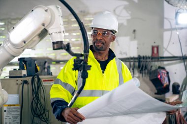 Afrika kökenli Amerikalı bir fabrika işçisi bir atölyede uzman bir robot kolla çalışıyor. Otomatik üretim teknolojisi için endüstriyel robot programlama yazılımı .
