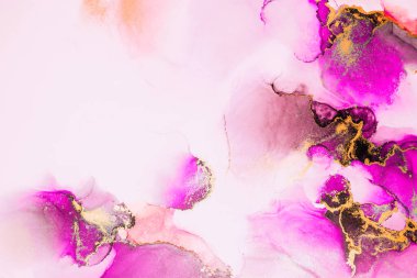Kağıt üzerinde mermer sıvı mürekkep resimlerinin pembe altın soyut arkaplanı. Yüksek kaliteli kağıt dokusu üzerine orijinal suluboya alkol mürekkebi resmi .