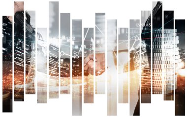 Ekonomik refah ve para teknolojisinin varlık geçmişi üzerine iş tokalaşması. Değerli borsaya yatırım yaparak ekonomik ve finansal büyüme ile refah kar birimi ticareti elde edilir