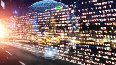 Fütürist küresel ağ ve dijital veri transferi 3D grafik. Yeni bilgi çağındaki küresel eğilimleri değiştiren akıllı dijital dönüşüm ve teknoloji bozulması kavramı .