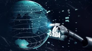 Gelecekçi robot yapay zeka devrimci yapay zeka teknoloji geliştirme ve makine öğrenme kavramı. İnsan hayatının geleceği için küresel robot biyonik bilim araştırması. 3B görüntüleme grafiği.