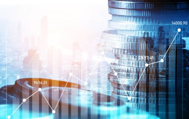 Finans ve para teknolojisi iş refahı ve varlık yönetimi kavramı. Yaratıcı grafik, refah karı elde etmek için değerli varlıklara yatırım yaparak ekonomi ve mali büyümeyi gösteriyor .