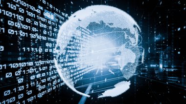 Fütürist küresel ağ ve dijital veri transferi 3D grafik. Yeni bilgi çağındaki küresel eğilimleri değiştiren akıllı dijital dönüşüm ve teknoloji bozulması kavramı .