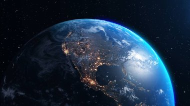Gerçekçi coğrafya yüzeyi ve yörüngesel 3D bulut atmosferi olan Dünya gezegeni. Kıtaların dünya küresinin dış uzay görüşü. 3 boyutlu görüntüleme. Bu görüntünün elementleri NASA tarafından desteklenmektedir .